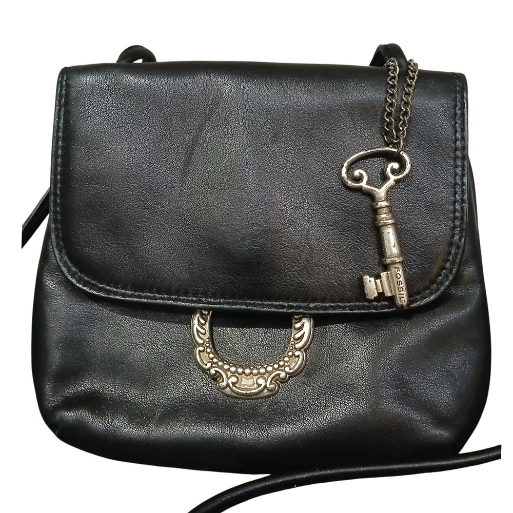Fossil Vintage Black Leather Crossbody Bag Silver Key Charm 75082 Small Purse